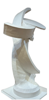 An enhanced, descratched photographic cutout of an abstract white sculpture: On a small circular base, an upright strip square bending over at the top, and two more horizontal curved arms is used as a bullet point.
