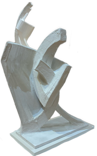 An enhanced, descratched photographic cutout of an abstract white sculpture: On a rectangular base, an upright trapezoidal wall behind a U-shaped structure pointing to two o'clock on the right side is used as a bullet point.