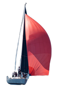 An enhanced photographic cutout of a red sailing boat to the right is used as a bullet point.
