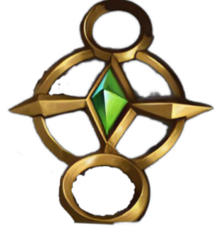 A 3D stacked three brass rings with a green diamond-shaped jewel at the center and brass spikes at East and West is used as a bullet point.