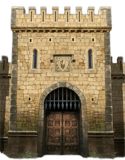 A cutout of a drawing of the front of a castle entrance with double brown doors is used as a bullet point.