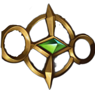 A 3D sideways three brass rings with a green diamond-shaped jewel at the center and brass spikes at North and South is used as a bullet point.