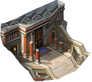 An enhanced drawing cutout of a temple building with brown broken columns with a gray stone staircase to the right  is used as a bullet point.