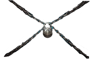 An enhanced cutout drawing of a silver lock suspended by four diagonal silver chains is used as a bullet point.