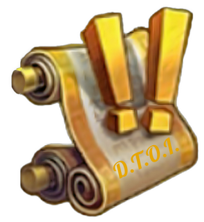 An enhanced cutout drawing of a two-scroll end with two exclamation points resting on top of a golden-edged scroll with “D.T.O.I.” written at the bottom of the viewable scroll is used as a bullet point.