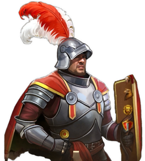 An enhanced face-substituted silver armored knight with a red shield facing to his left with an armoured open helmet with red and white feathers is used as a bullet point.