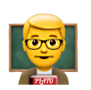 An enhanced enlarged cutout drawing of the male Scholar emoji of a blond-haired man with brown glasses holding a PLATO book with a green chalkboard framed in brown behind him is used as a bullet point.