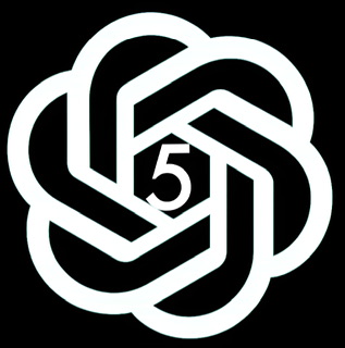 For visual identification, an enhanced black square and background with three interlocking white racetracks, with a white number five in Futura font dead center, the logo for ChatGPT is used.