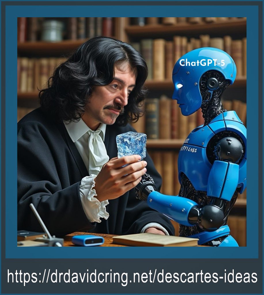 A ChatBox AI-generated hyperrealistic graphic of a face substituted René Descartes holding an ice cube and looking down, while a blue android labeled ChatGPT-5 on the left side of the android’s head faces Descartes, is used as a featured image.