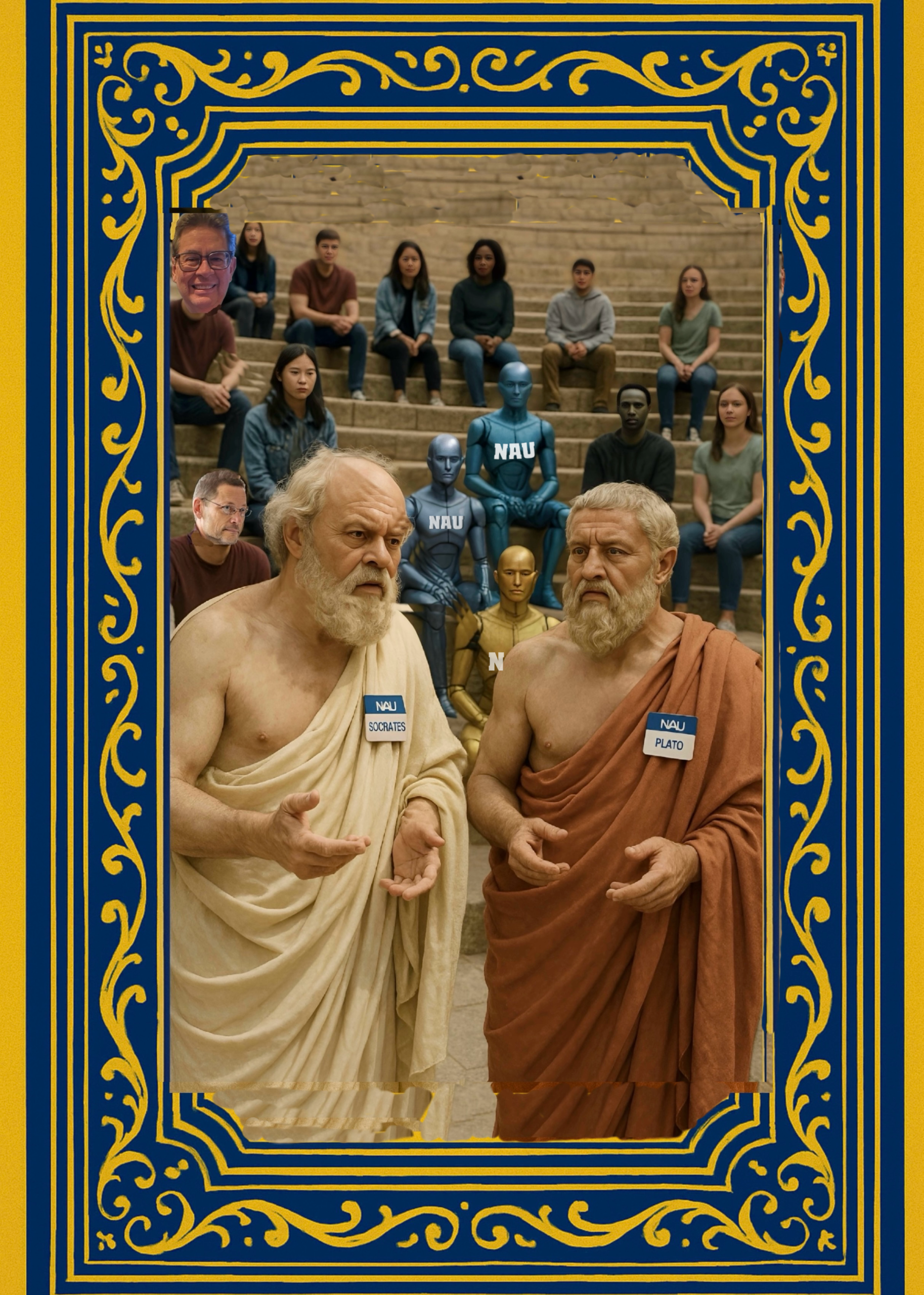 An AI-generated graphic by ChatNow, using the NAU colors of true blue and filigreed gold scrollwork, contains Socrates on the left and Plato on the right, both wearing NAU name tags. They stand in the foreground of an amphitheater with three centered androids, two blue and one gold, and NAU students scattered around with head likenesses of George Rudebusch and Dr. David C. Ring are used as a featured image.