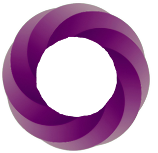 An enhanced cutout of a 3D twisted ring in various shades of purple with a white center is used as a bullet point.