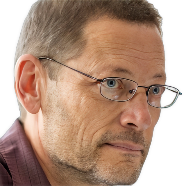The head of George Rudebusch wearing glasses is used for visual identification.