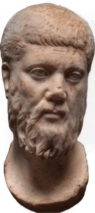 A colorized animated .gif of the reversed stone bust of the head of Plato, mid-3rd century AD, Roman Empire, via The J. Paul Getty Museum, Los Angeles is used as an opening to a paragraph.