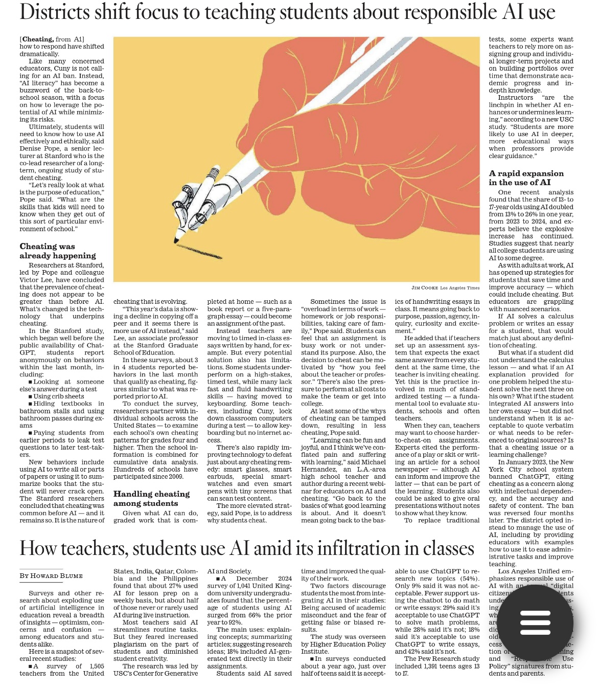 A screenshot of a cutout of p. 10 of the LA Times, September 25, 2025, of articles on AI and cheating.