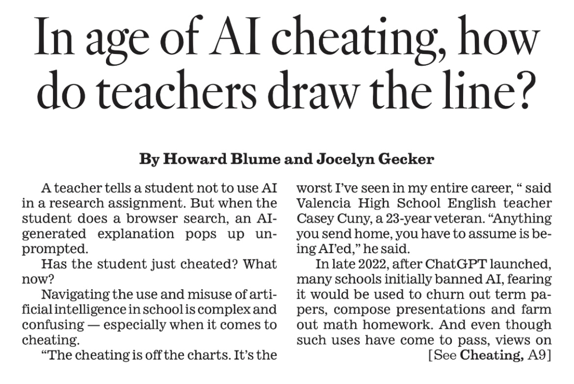A screenshot of a cutout of the front page of the LA Times, September 25, 2025, of articles on AI and cheating.