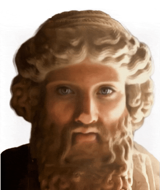 A stone bust that has been enhanced, colorized, and given AI-generated blue eyes by Open Eyes of an nimated GIF of a young man with curly hair and a beard.