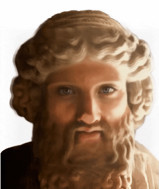 A stone bust that has been enhanced, colorized, and given AI-generated blue eyes by Open Eyes of an nimated GIF of a young man with curly hair and a beard.