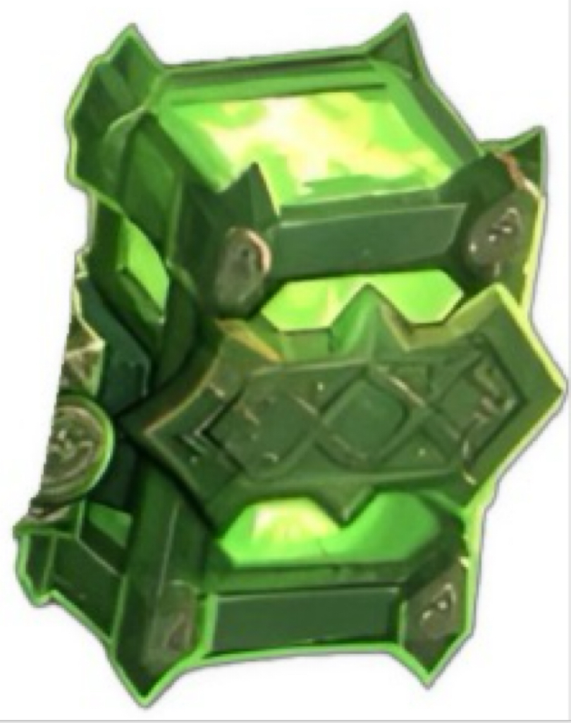 An enhanced cutout drawing of the head of a demon’s neon green war hammer, with only the head standing straight up, is used as a bullet point.