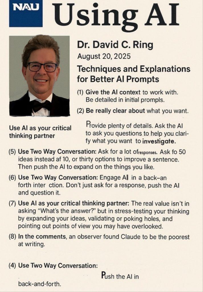 An AI-generated poster on how to use AI effectively, with a picture of Dr. David C. Ring in a tuxedo in the upper left, is used as a featured image.