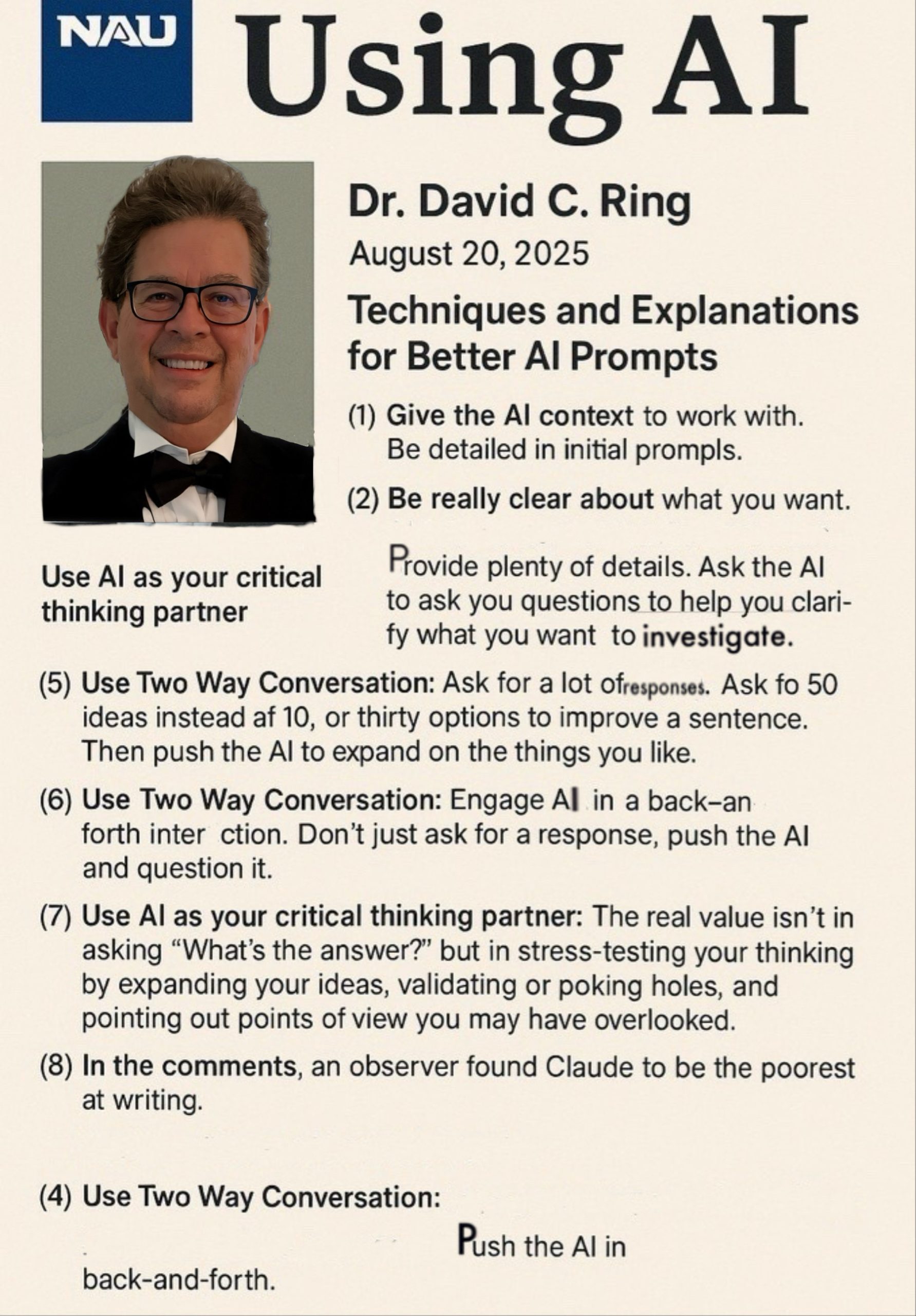 An AI-generated poster on how to use AI effectively, with a picture of Dr. David C. Ring in a tuxedo in the upper left, is used as a featured image.