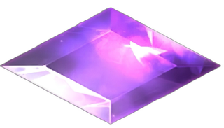 An enhanced cutout drawing of an elongated diamond-shaped purple gem on its side is used as a bullet point.