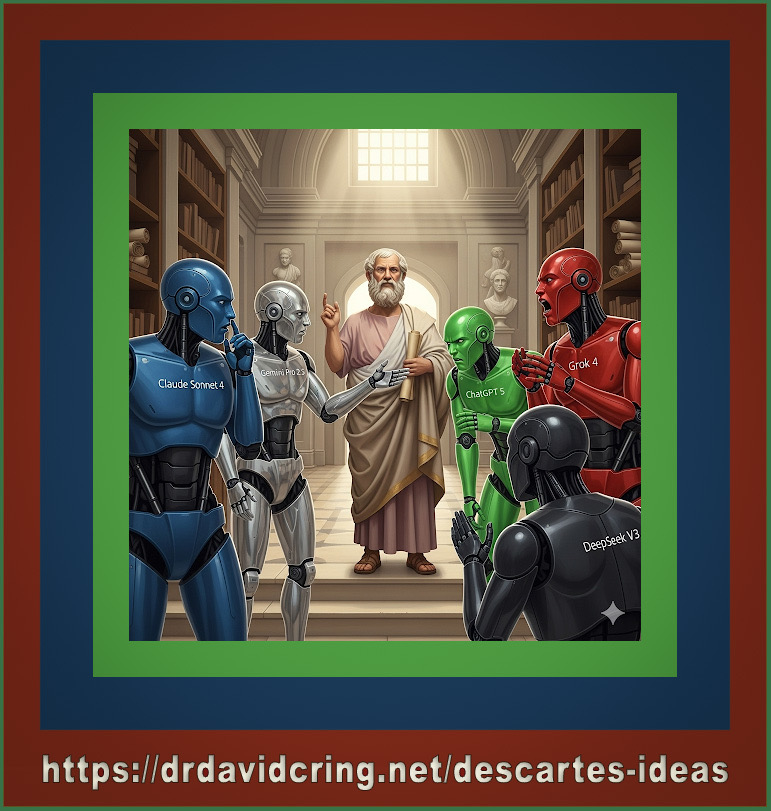 A quartet framed Gemini AI hyperrealistic graphic of five differently colored and named androids representing Claude Sonnet 4, Gemini Pro 2.5, ChatGPT 5, DeepSeek V3, and Grok 4 with the figure of Plato in the center facing the viewer is used as a featured image.