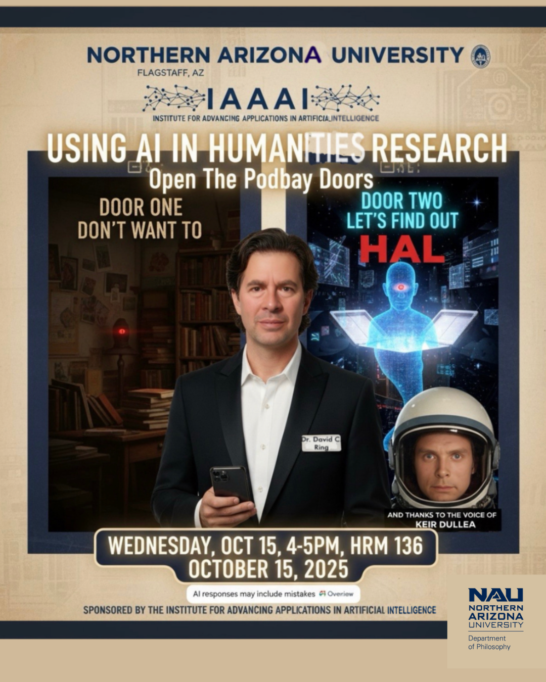 The poster for Dr.David C. Ring’s talk on AI in research and writing in the Humanities at NAU October 15, 2025.