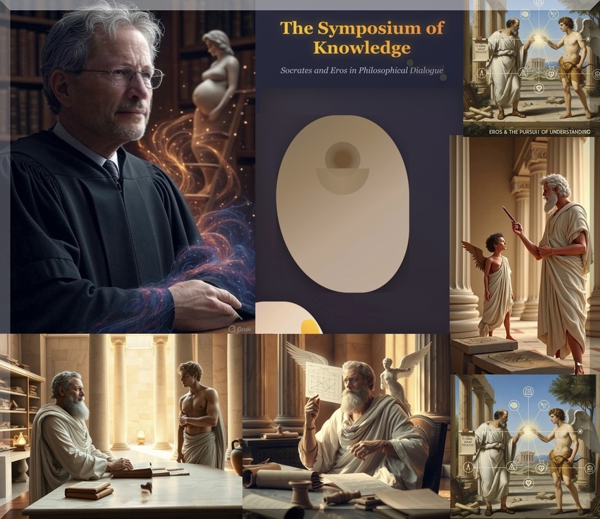 A collage of five AI-generated hyperrealistic images of Socrates investigating knowledge with Eros is used as a featured image.