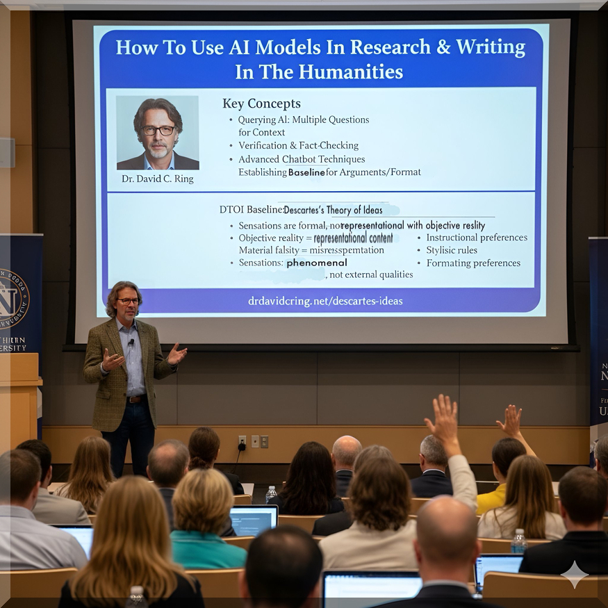 A Google Gemini AI -AI-generated hyperrealistic image of Dr. David C. Ring with face substitution lecturing to faculty and students with a large computer projection screen behind him, with the title “How to Use AI models in Research and Writing in the Humanities” is used as a featured image.