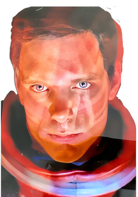 An enhanced photographic cutout of a close-up of an intense Keir Dullea in his space suit from 2001 is used to identify him visually.