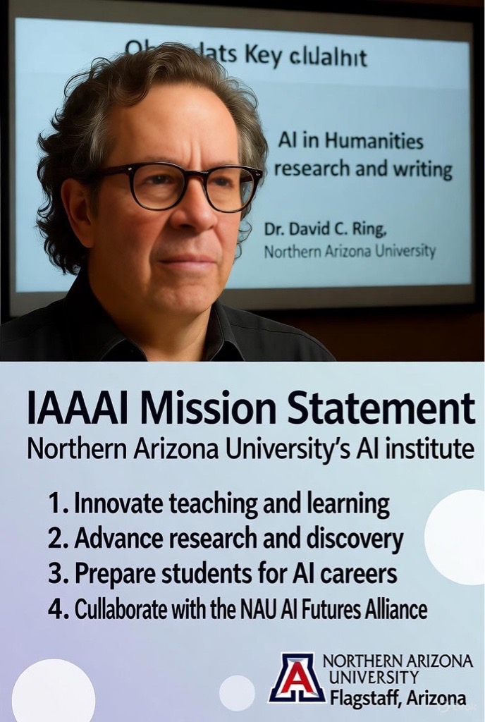 An AI-generated graphic by Grok 4 of the mission statement for IAAAI, with a man’s head wearing glasses, with his face substituted as Dr. David C. Ring.