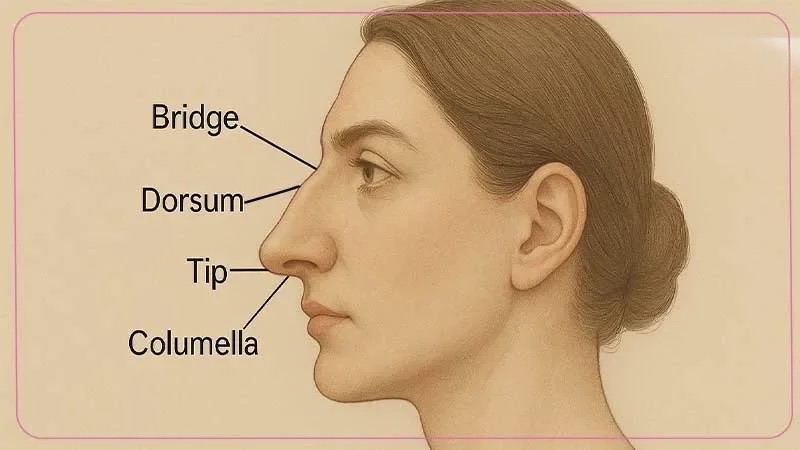 A drawing of a woman with her brown hair in a tight bun at the back in left profile exhibiting a Roman nose with four categories of nose parts names.