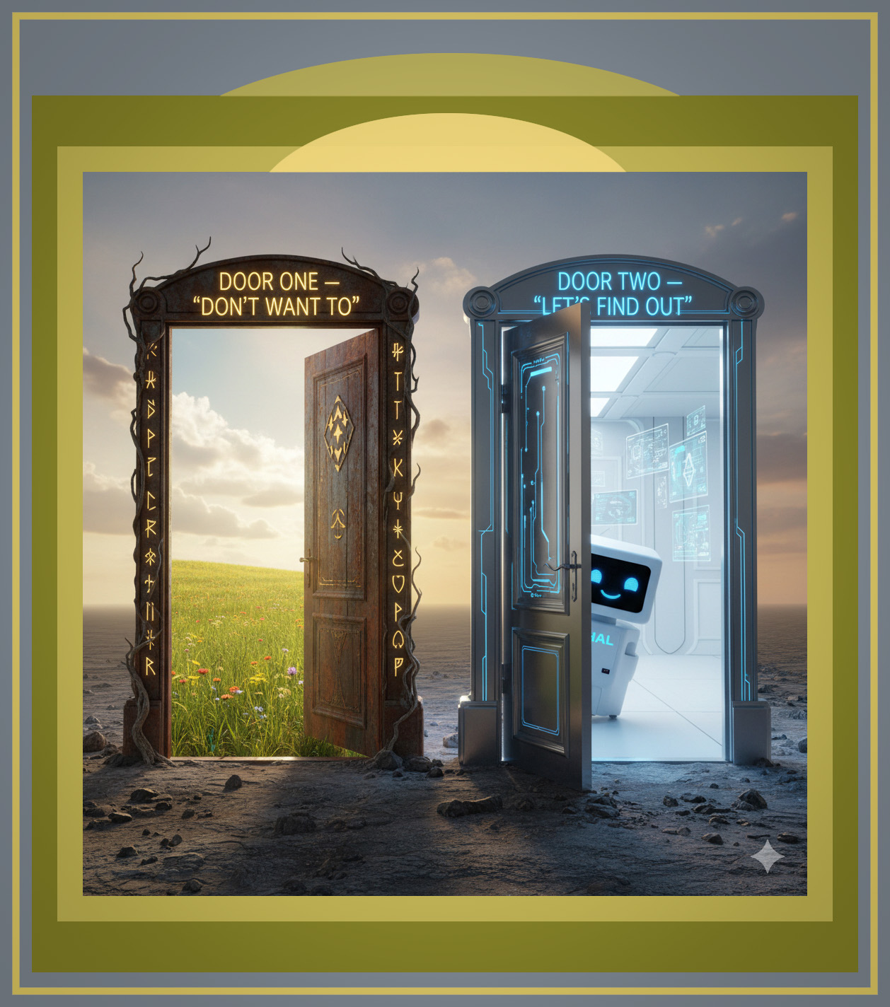 A four-framed graphic  with two half bubbles at the top of two frames of an AI-generated by Google’s Gemini 2.5 Pro of a hyperrealistic image of two portal doors labeled DOOR ONE — “DON’T WANT TO” and DOOR TWO — “LET’S TRY IT.”