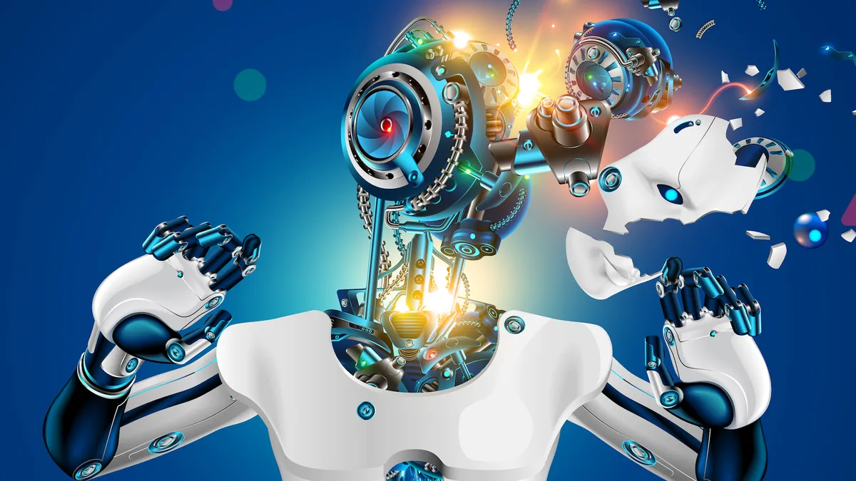 A colorful image of an AI android’s head exploding.