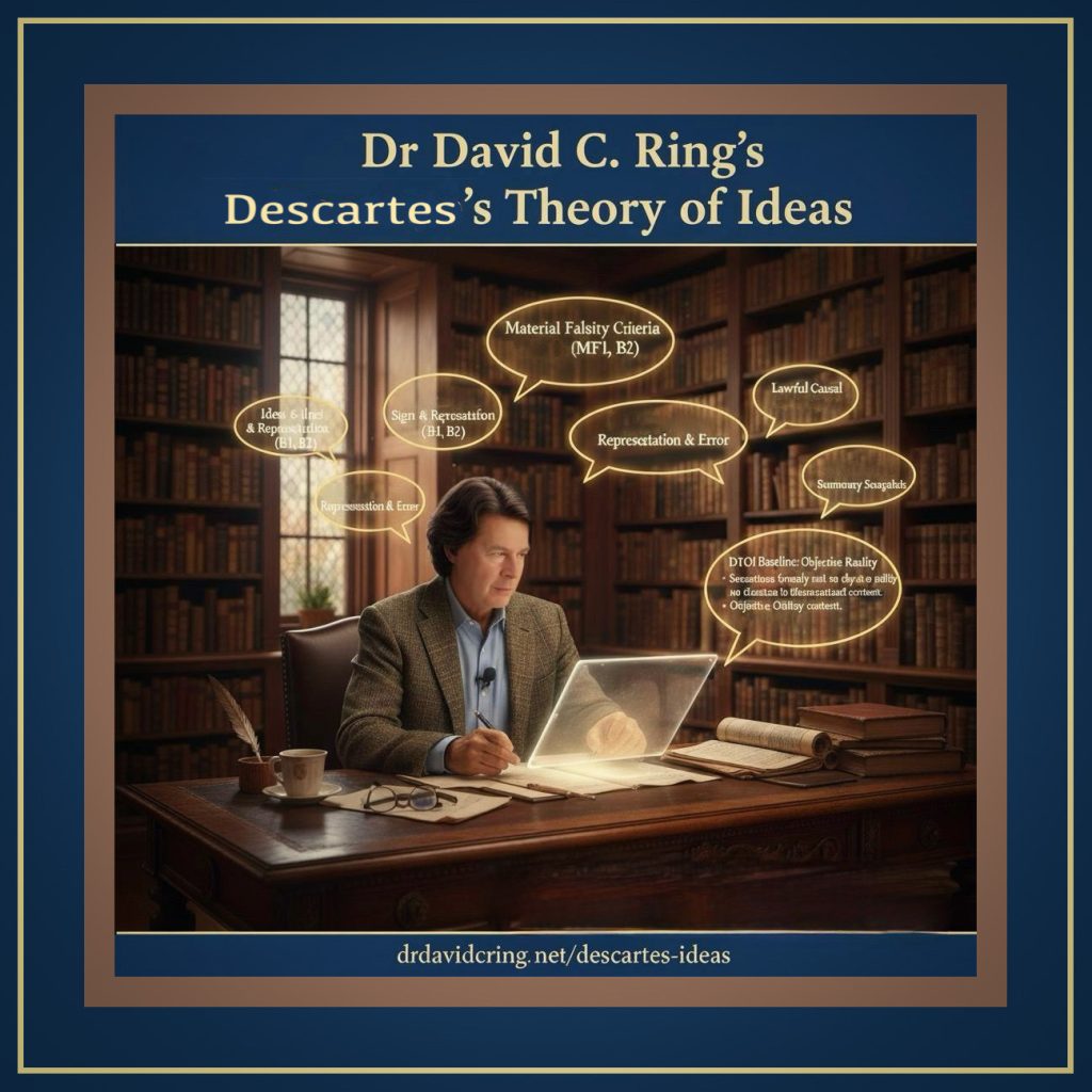 A four framed AI-generated graphic by Gemini of a face-substituted Dr. David C. Ring behind a desk, looking at a desktop-sized translucent screen with central concepts of the Baseline for his DTOI website behind him in bubbles is used as a featured image.