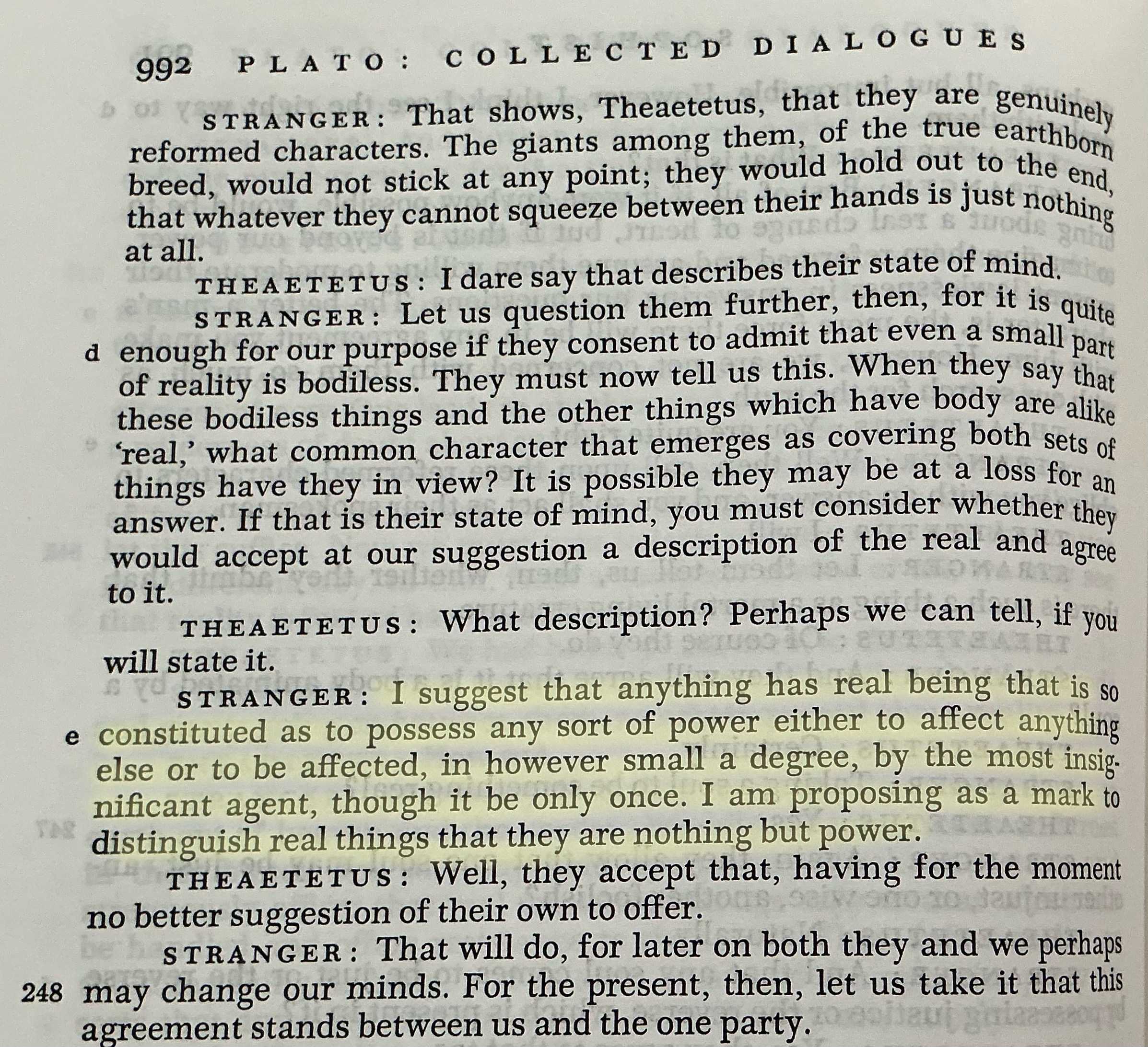 This is a screenshot of a page from the Hamilton and Cairns edition of Plato’s dialogues of the Sophist translation by F. M. Cornford at 247e, highlighted in yellow.