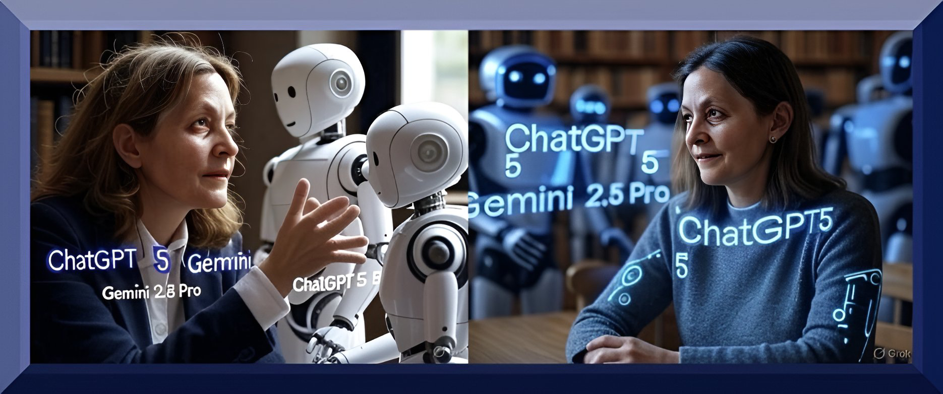 An enhanced diptych of a face-substituted Sarah Broadie arguing with two android AI Chatbots, ChatGPT 5 and Gemini 2.5 Pro, is used as a featured image.