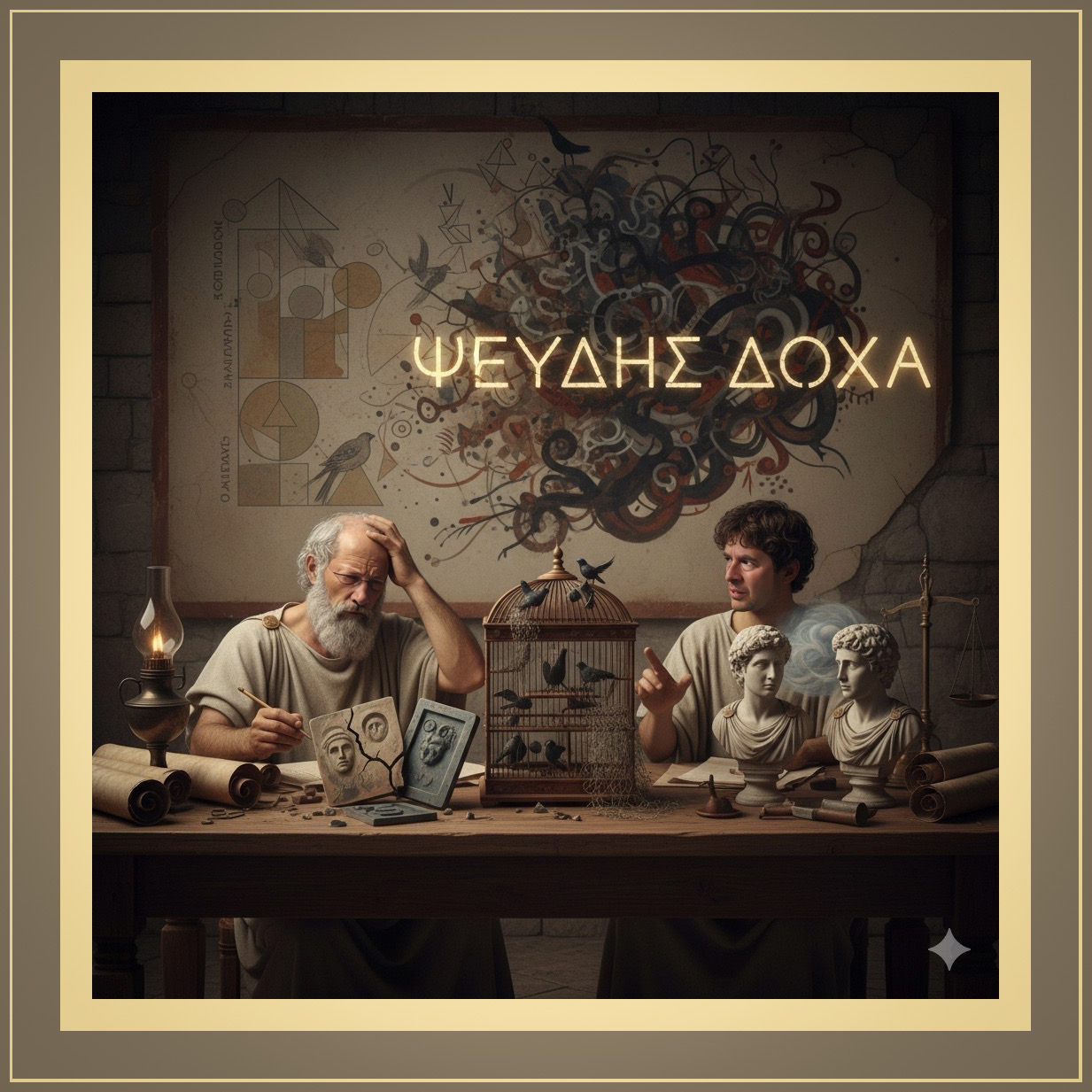 A double-framed image of Socrates, on the left, resembling George Rudebusch, and a young man on the right, resembling Dr. David C. Ring, both seated with an aviary in between them, is used as a featured image. Greek writing on the back wall is also featured.