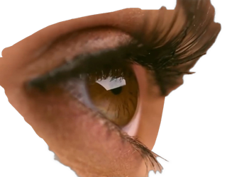 A female brown eye cutout in right profile is used as a bullet point.
