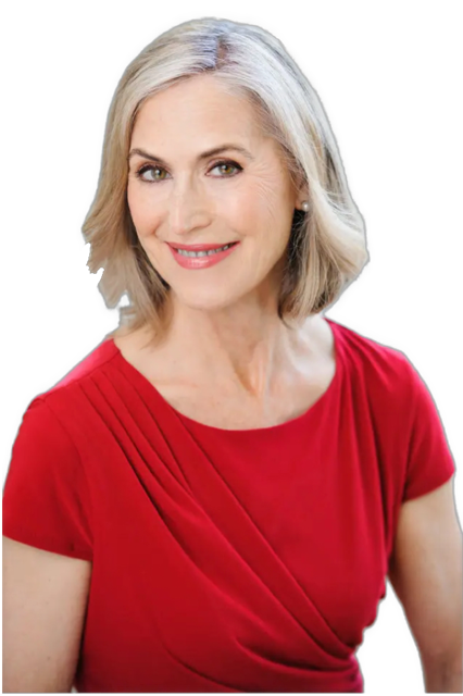 A reversed color photographic cutout of Catherine Wilson, slightly smiling, is used to identify her visually. She is wearing a red top and white pearl earrings.