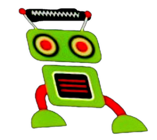 A reversed enhanced cutout drawing of a bright lime green robot with red and yellow eyes and antennas, featuring a coil of energy on a black background between them, is used as a bullet point.