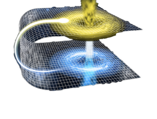 An enhanced cutout image of a fold in space, showing a wormhole with a yellow top opening and a blue bottom hole, is used as a bullet point.