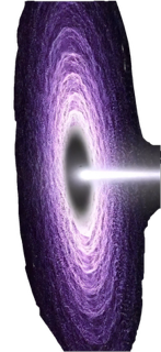 An enhanced cutout graphic of a purple and white stellar disk with a white beam emanating from the center, pointing directly to the right, is used as a bullet point.