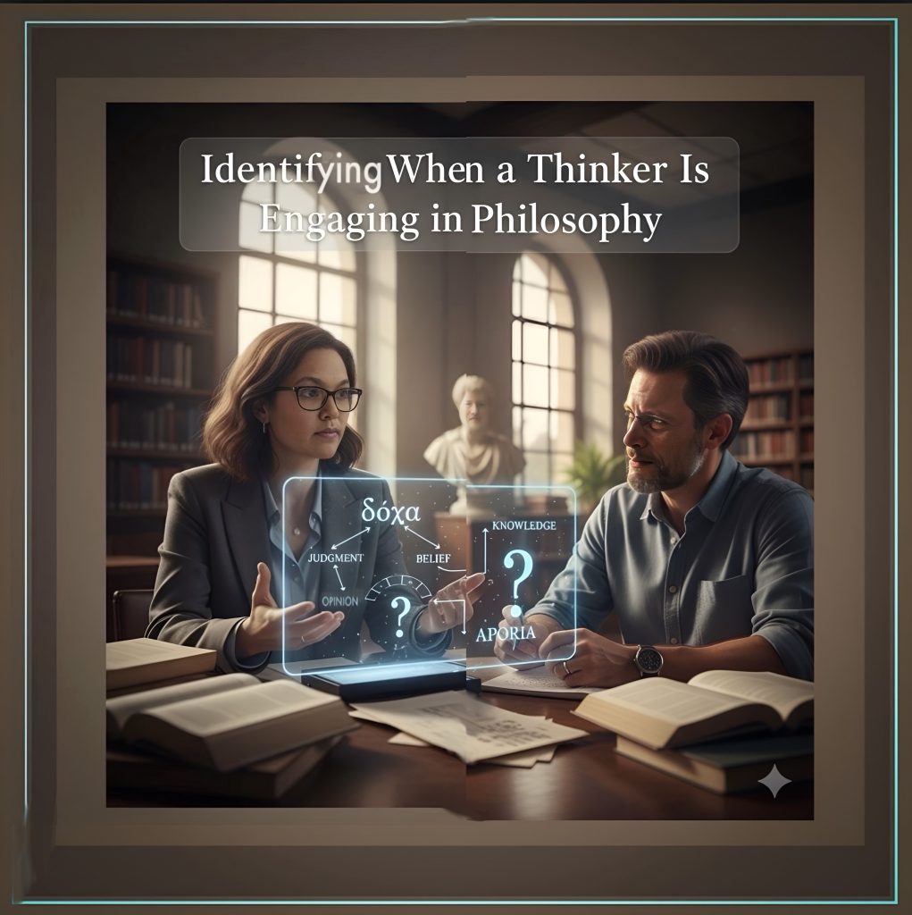 An enhanced four-framed AI-generated image by Google Gemini 2.5 Pro of a woman with glasses on the left and a George Rudebusch face substituted for a philosopher on the right, with a white bust in the center background, and the title “Identifying When A Thinker is Engaging in Philosophy” is used as a featured image.