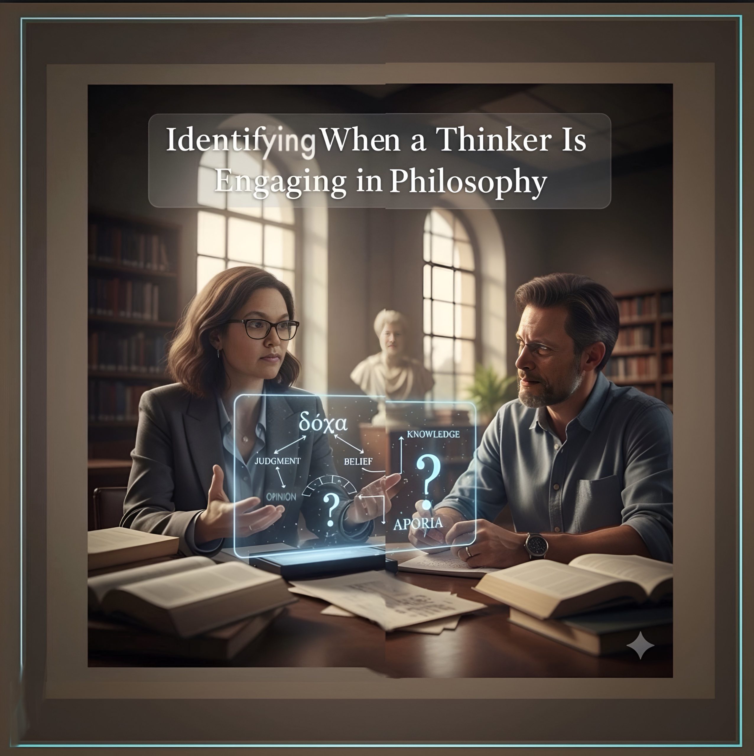 An enhanced four-framed AI-generated image by Google Gemini 2.5 Pro of a woman with glasses on the left and a George Rudebusch face substituted for a philosopher on the right, with a white bust in the center background, and the title “Identifying When A Thinker is Engaging in Philosophy” is used as a featured image.
