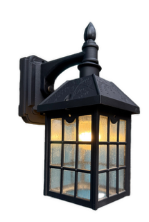 A photographic cutout of a cast-iron black wall-mounted lantern is used as a bullet point.