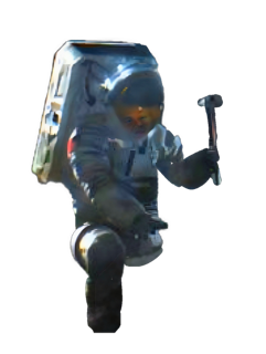 A reversed, enhanced, colorized cutout of a kneeling astronaut in a full spacesuit holding an upright hammer in his left hand is used as a bullet point.