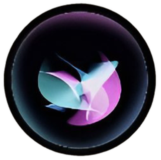 An enhanced black circle with a pink and blue swirl in the center is used as a bullet point.