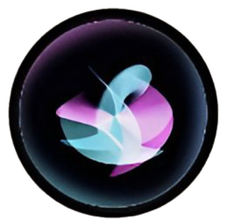 An enhanced black circle with a pink and blue swirl in the center is used as a bullet point.