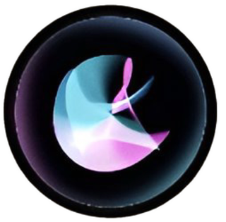An enhanced black circle with a pink and blue swirl in the center is used as a bullet point.